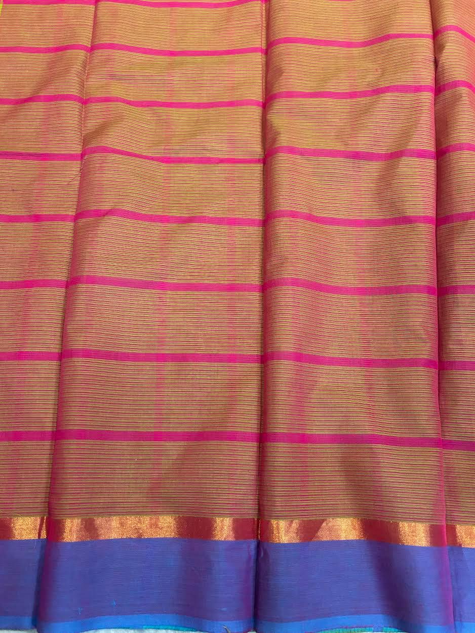 MANGALAGIRI COTTONS BODY PARROT GREEN CHECKS DESIGNER BORDER ZARI PALLU AND BLOUSE RUNNING - pochampallysarees.com