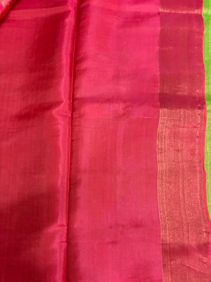 PURE SOFT SILK SAREE PARROT GREEN AND PINK WITH ALLOVER BUTTI DESIGN WEAVES IN BORDER AND PALLU TISSUE STYLE - pochampallysarees.com