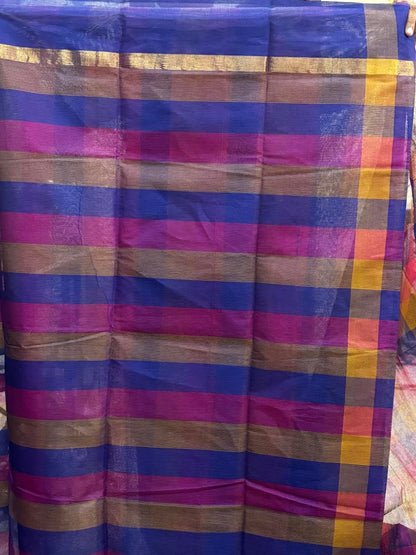 MANGALAGIRI COTTONS BODY BLUE PINK AND BROWN CHECKS PALLU AND BLOUSE CHECKS - pochampallysarees.com