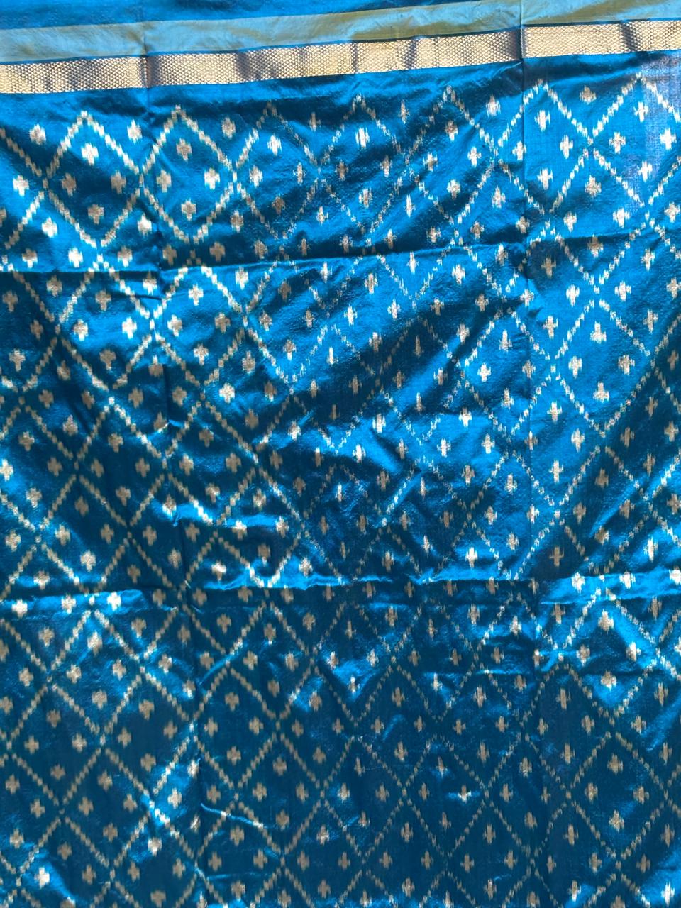 Semi Pochampally Ikat Silk Cream Blue Sari