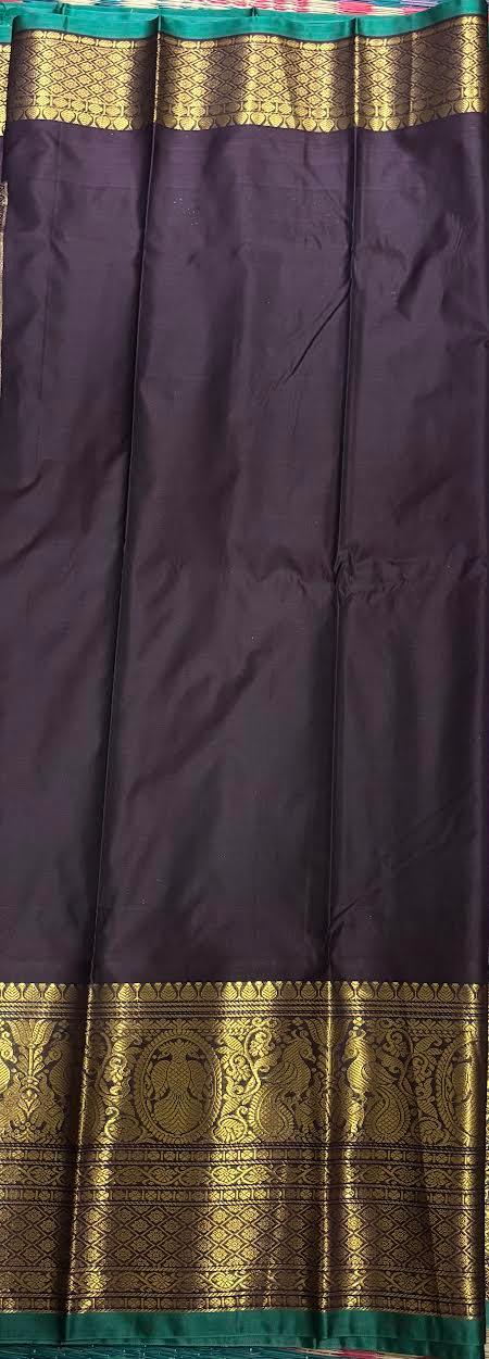 PURE GADWAL SILK PINK BODY BUTTI CHOCOLATE PALLU BLUE BIG BORDER AND BLOUSE BLUE SAREE - pochampallysarees.com