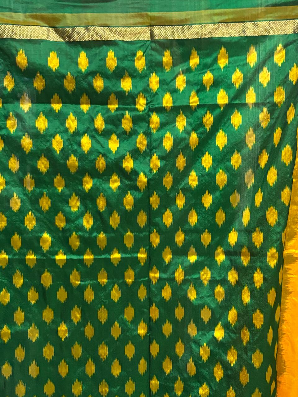 Semi Pochampally Ikat Silk yellow Green Sari