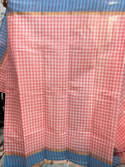 MANGALAGIRI COTTONS BODY RED WHITE CHECKS BORDER BLUE PALLU AND BLOUSE CHECKS - pochampallysarees.com