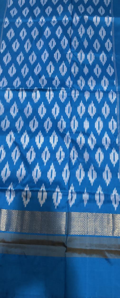 POCHAMPALLY IKKAT SILK MIDDLE YELLOW PLAIN BORDER BLUE PALLU AND BLOUSE SAME AS IKKAT DESIGN SARI - pochampallysarees.com