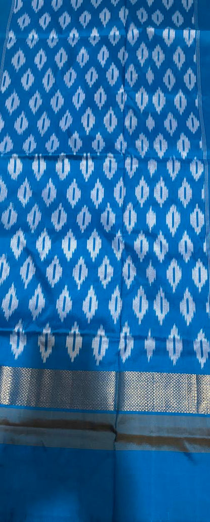POCHAMPALLY IKKAT SILK MIDDLE YELLOW PLAIN BORDER BLUE PALLU AND BLOUSE SAME AS IKKAT DESIGN SARI - pochampallysarees.com