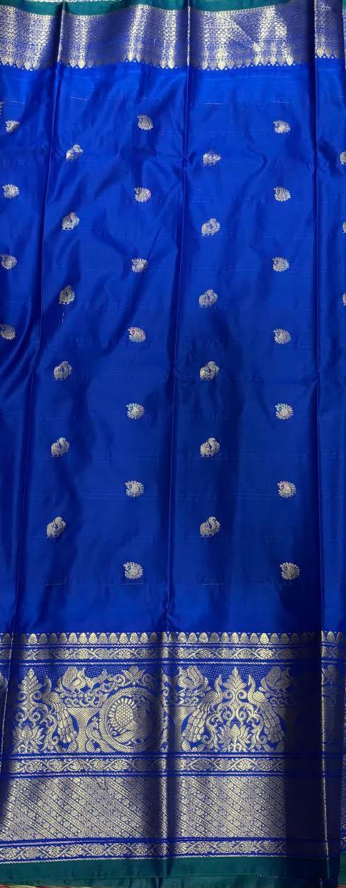 PURE GADWAL SILK LIGHT BLUE BODY BUTTI BLUE PALLU BLUE BIG BORDER AND BLOUSE BLUE SAREE - pochampallysarees.com
