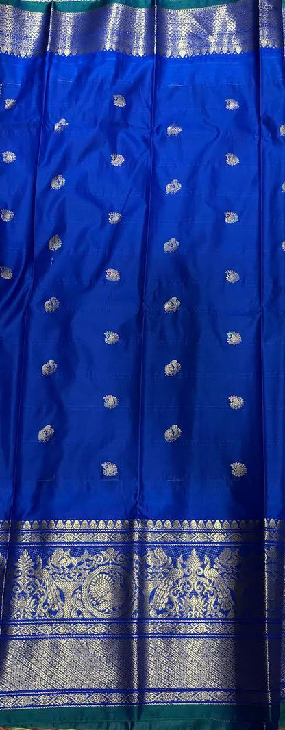 PURE GADWAL SILK LIGHT BLUE BODY BUTTI BLUE PALLU BLUE BIG BORDER AND BLOUSE BLUE SAREE - pochampallysarees.com