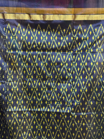 Pochampally Ikat Silk Navy Blue Green Sari