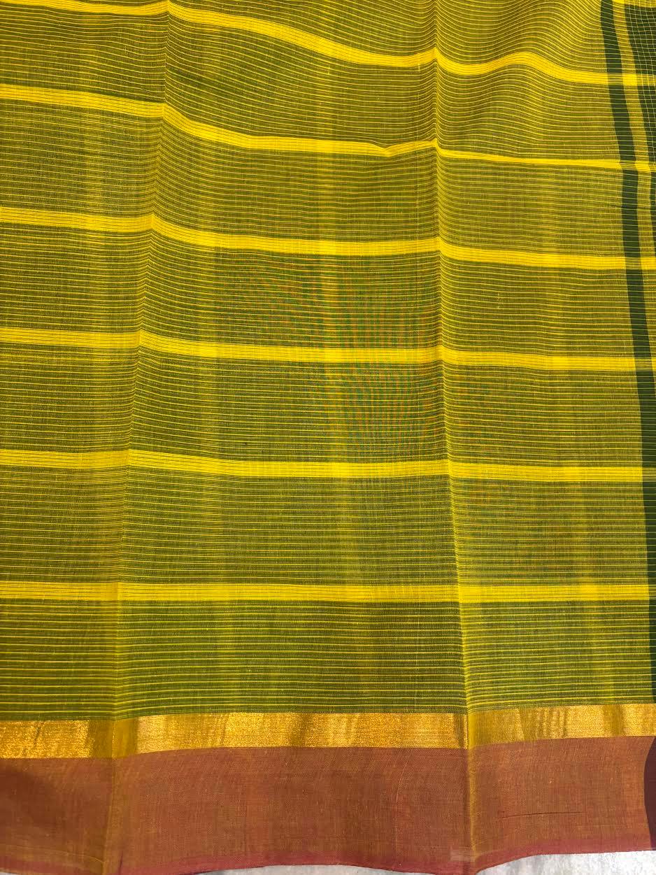 MANGALAGIRI COTTONS BODY GREEN CHECKS DESIGNER BORDER ZARI PALLU AND BLOUSE RUNNING - pochampallysarees.com