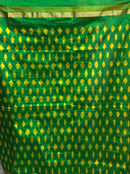 Semi Pochampally Ikkat Silk Yellow Green Sari