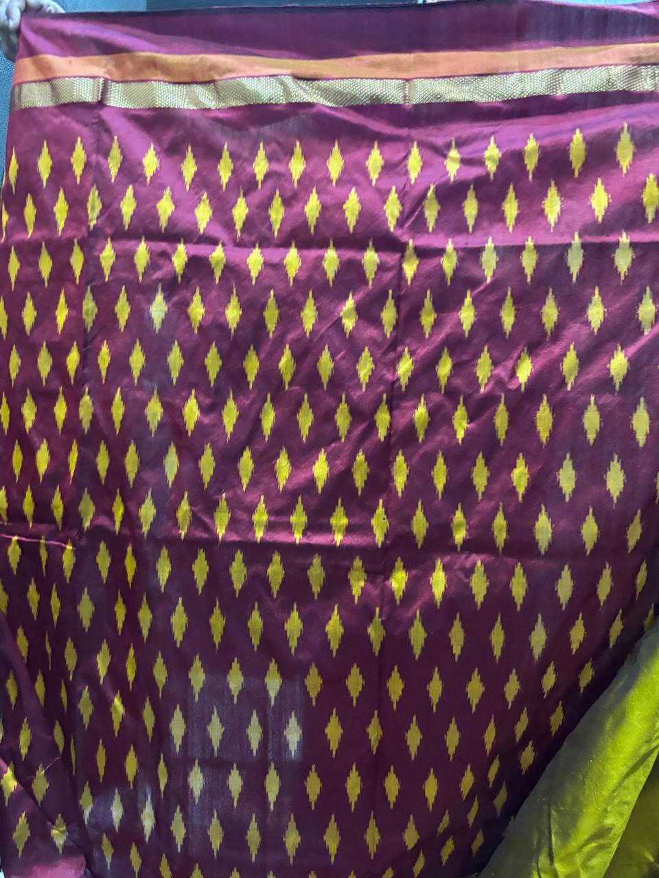 Pochampally Ikat Semi Silk Yellow Maroon Sari