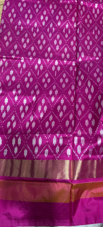 &quot;Pochampally Ikkat Silk Sari with Yellow Border and ikkat design blouse&quot;