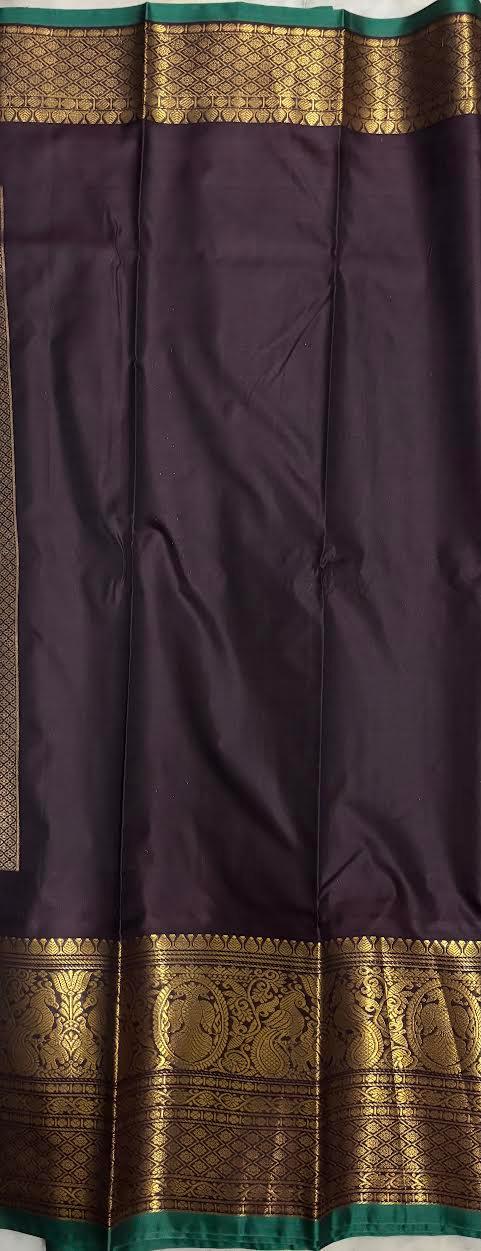 PURE GADWAL SILK PINK BODY BUTTI CHOCOLATE PALLU CHOCOLATE BIG BORDER AND BLOUSE BLUE SAREE - pochampallysarees.com