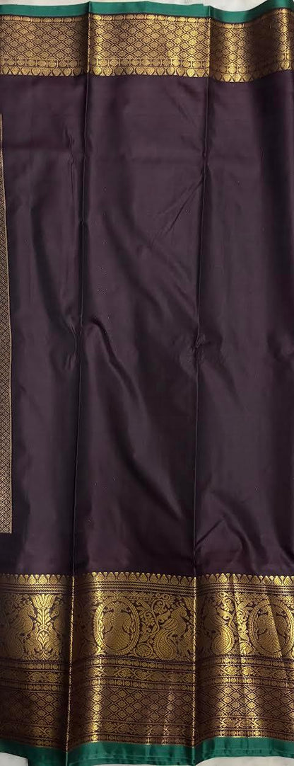 PURE GADWAL SILK PINK BODY BUTTI CHOCOLATE PALLU CHOCOLATE BIG BORDER AND BLOUSE BLUE SAREE - pochampallysarees.com