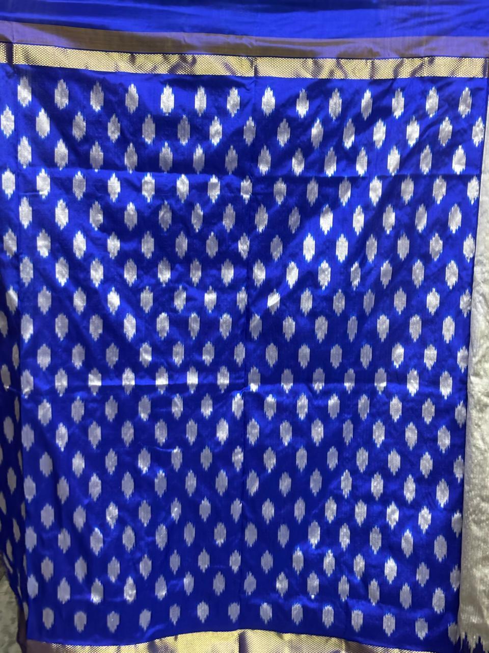 Semi Pochampally Ikkat Silk Silver White Blue Sari