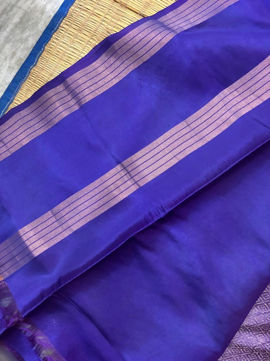 PURE SOFT SILK SAREE GRAY AND PURPLE WITH ALLOVER BUTTI DESIGN WEAVES IN BORDER AND PALLU TISSUE STYLE - pochampallysarees.com