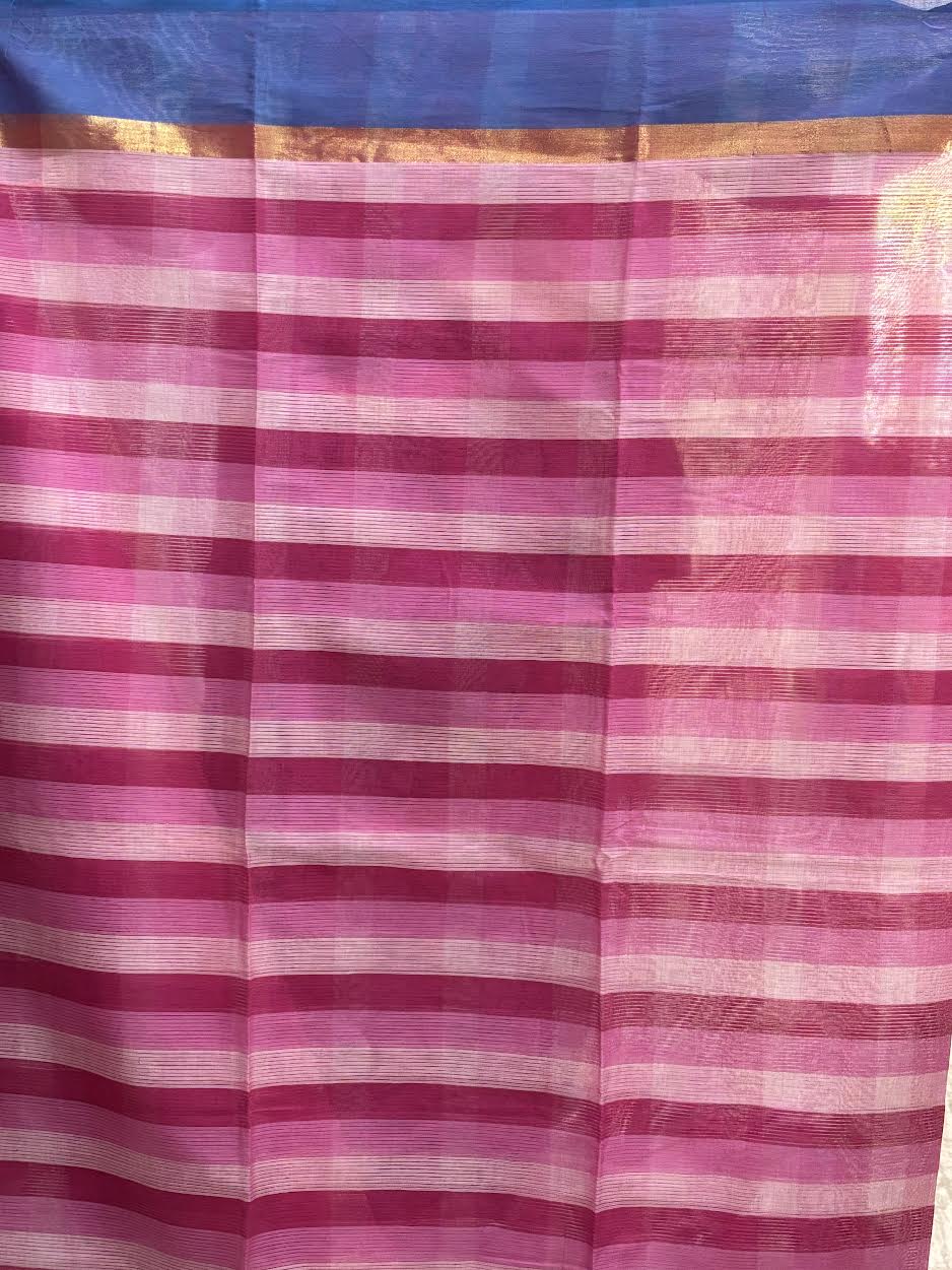 MANGALAGIRI COTTONS BODY PINK AND WHITE CHECKS BORDER BLUE PALLU AND BLOUSE CHECKS - pochampallysarees.com