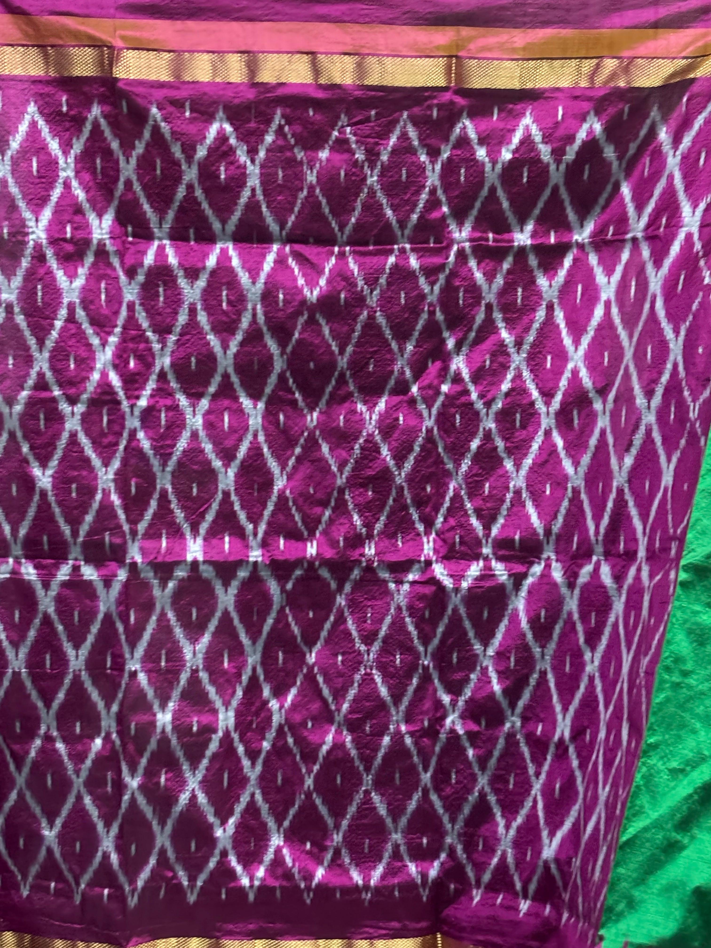 Semi Pochampally Ikkat Silk Green Mejenta Pink Sari