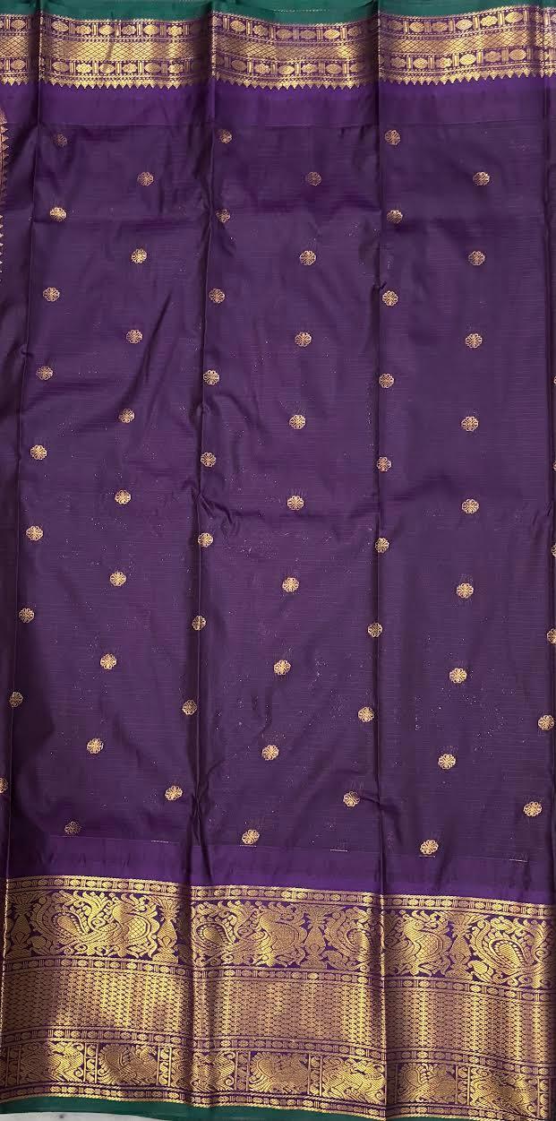 PURE GADWAL SILK BROWN BODY BUTTI CHOCOLATE PALLU BLUE BIG BORDER AND BLOUSE BLUE SAREE - pochampallysarees.com