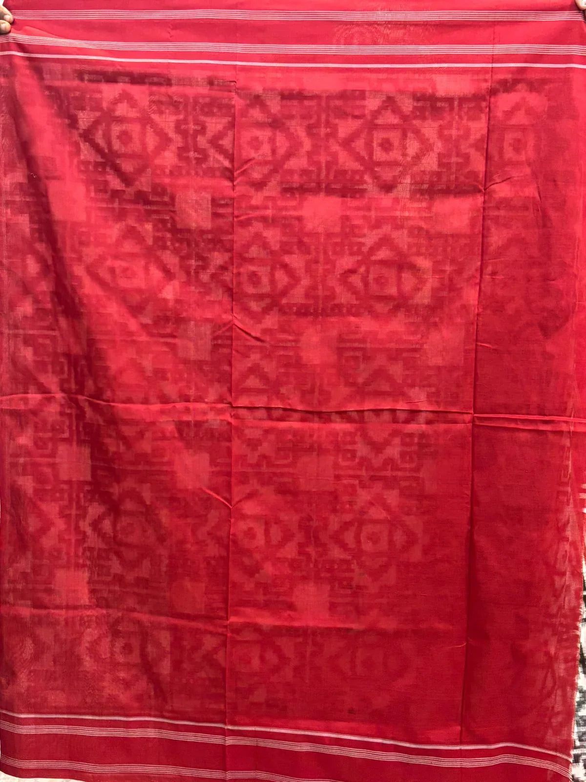 POCHAMPALLY DOUBLE IKKAT COTTON WHITE RED SARI - pochampallysarees.com