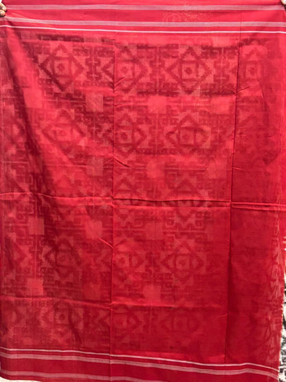 POCHAMPALLY DOUBLE IKKAT COTTON WHITE RED SARI - pochampallysarees.com