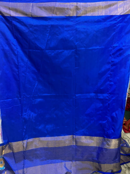 Pure Pochampally Ikkat Silk Kalamkari Designer Blue White Sari