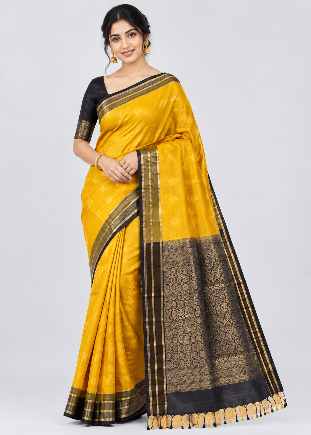 Mustard Yellow and Coffee Brown Kanchi Soft Silk Saree with Zari Pallu Silk Mark