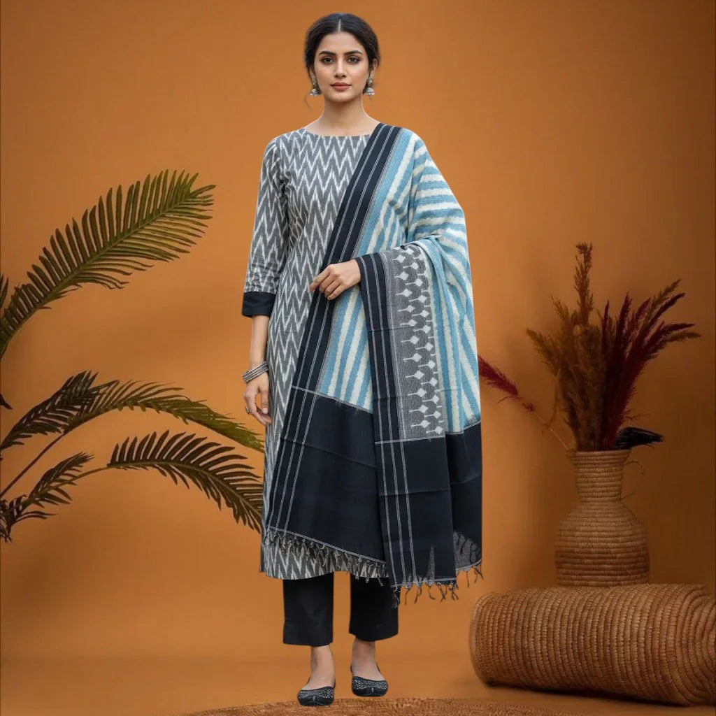 Pochampally Double Ikkat Cotton Suit showcasing a gray top, black dupatta, and coordinated pants against a warm backdrop.
