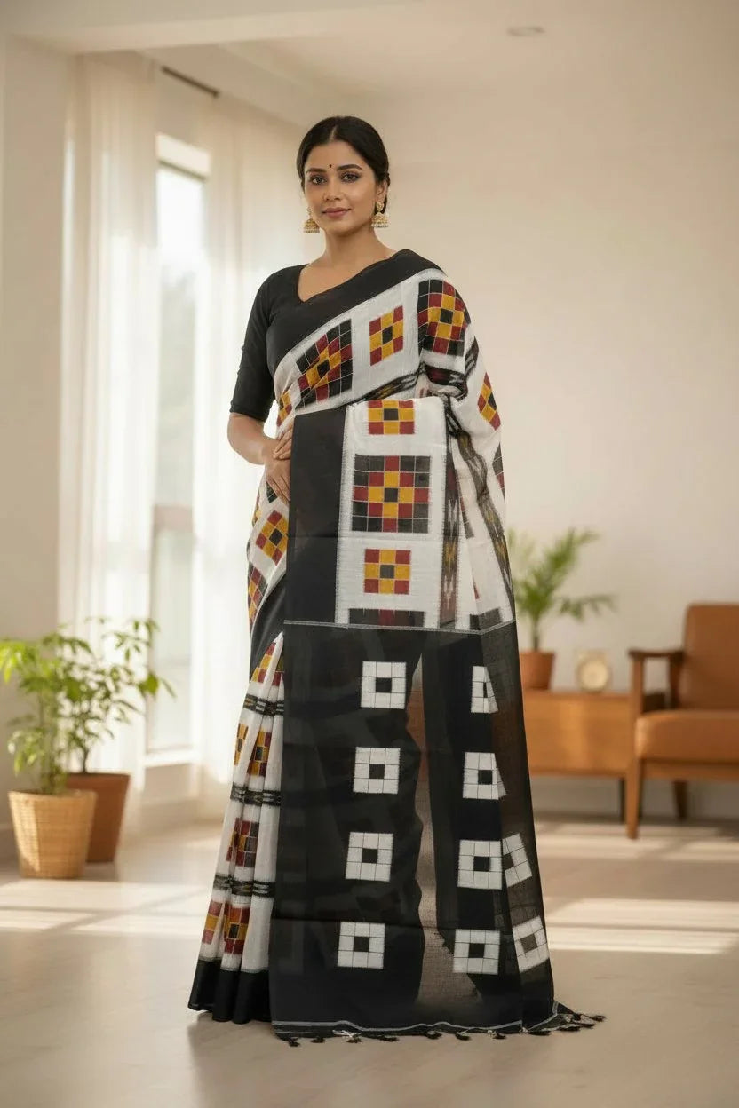POCHAMPALLY DOUBLE IKKAT COTTON WHITE BODY BORDER BLACK SARI BLOUSE BLACK - pochampallysarees.com