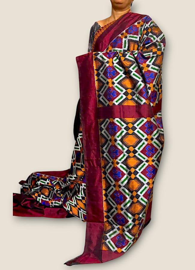 Pochampally Ikat Patola Maroon With Pink Sari