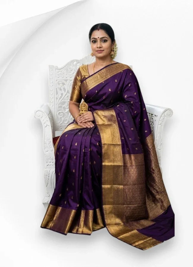 Authentic Deep Purple Dharmavaram Silk Saree with Heavy Gold Zari Border - pochampallysarees.com