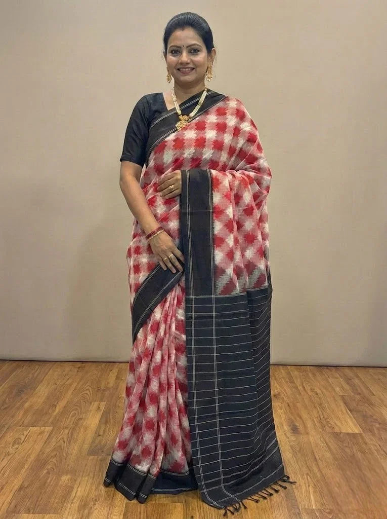 POCHAMPALLY DOUBLE IKKAT COTTON BLACK RED SARI - pochampallysarees.com