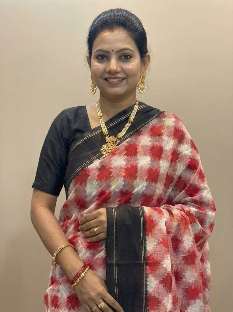 POCHAMPALLY DOUBLE IKKAT COTTON BLACK RED SARI - pochampallysarees.com