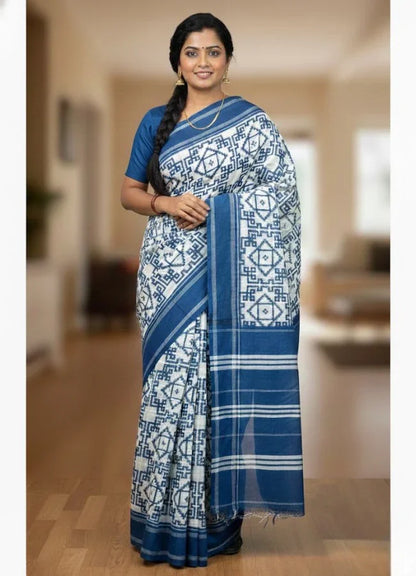 POCHAMPALLY DOUBLE IKKAT COTTON WHITE BLUE SARI - pochampallysarees.com