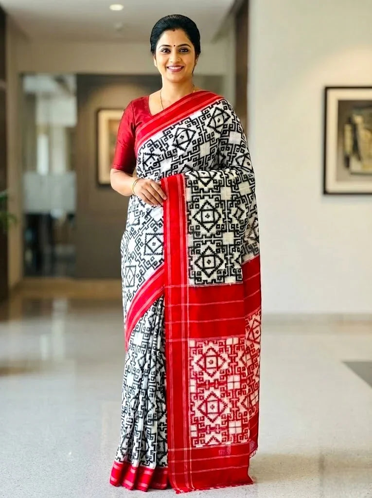 POCHAMPALLY DOUBLE IKKAT COTTON WHITE RED SARI - pochampallysarees.com