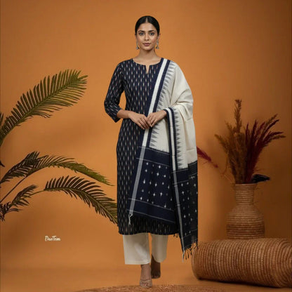 Pochampally Ikkat Cotton Suit Navy Blue Set C12 - pochampallysarees.com