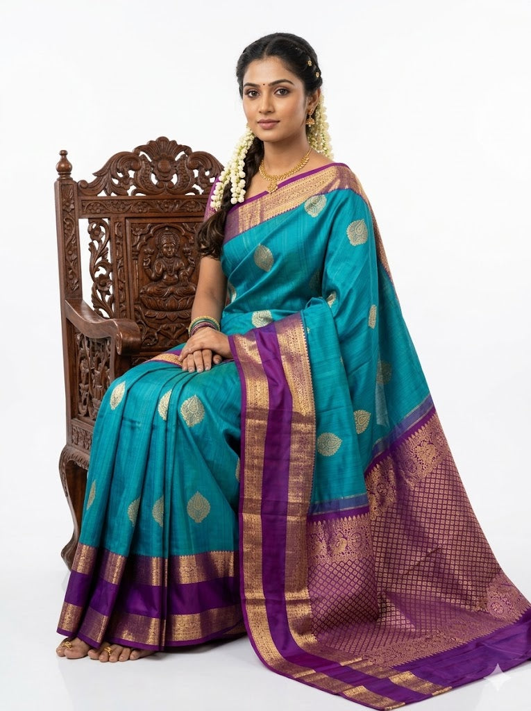 A woman sitting gracefully on a carved antique wooden chair wearing a traditional Kanchipuram pattu saree. The silk saree features a teal blue body with gold zari floral motifs, complemented by a contrasting royal purple border and a heavily brocaded gold zari pallu. She is styled with traditional gold jewelry and jasmine flowers in her hair against a clean white background.