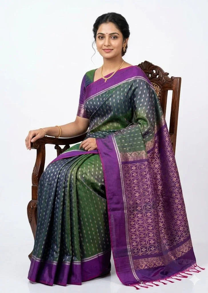 Elegant Green & Purple Pure Soft Silk Saree with Rich Zari Pallu - pochampallysarees.com
