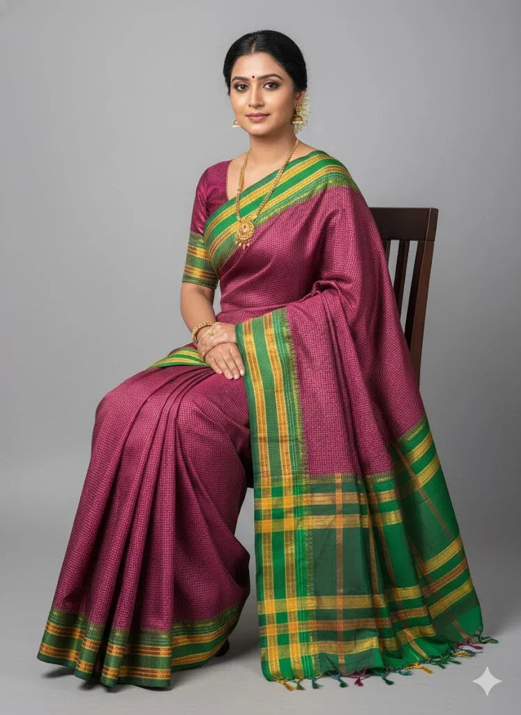 Pure Gadwal Silk Saree with Traditional Zari Checks and Contrast Kuttu Temple Border - pochampallysarees.com
