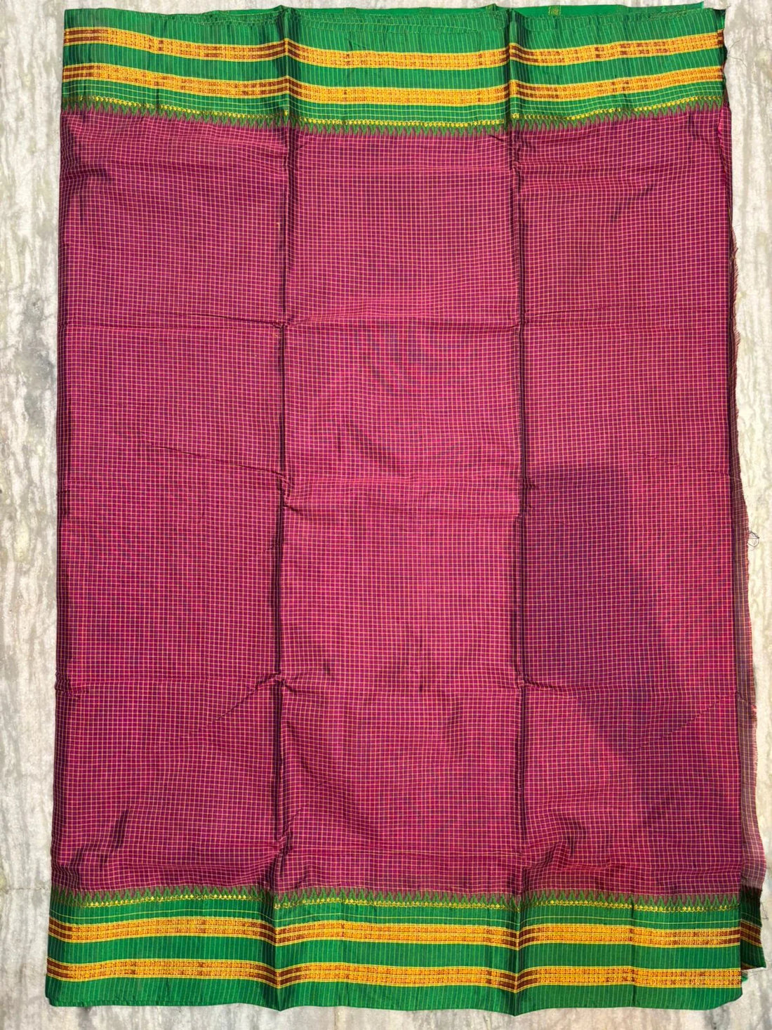 Pure Gadwal Silk Saree with Traditional Zari Checks and Contrast Kuttu Temple Border - pochampallysarees.com