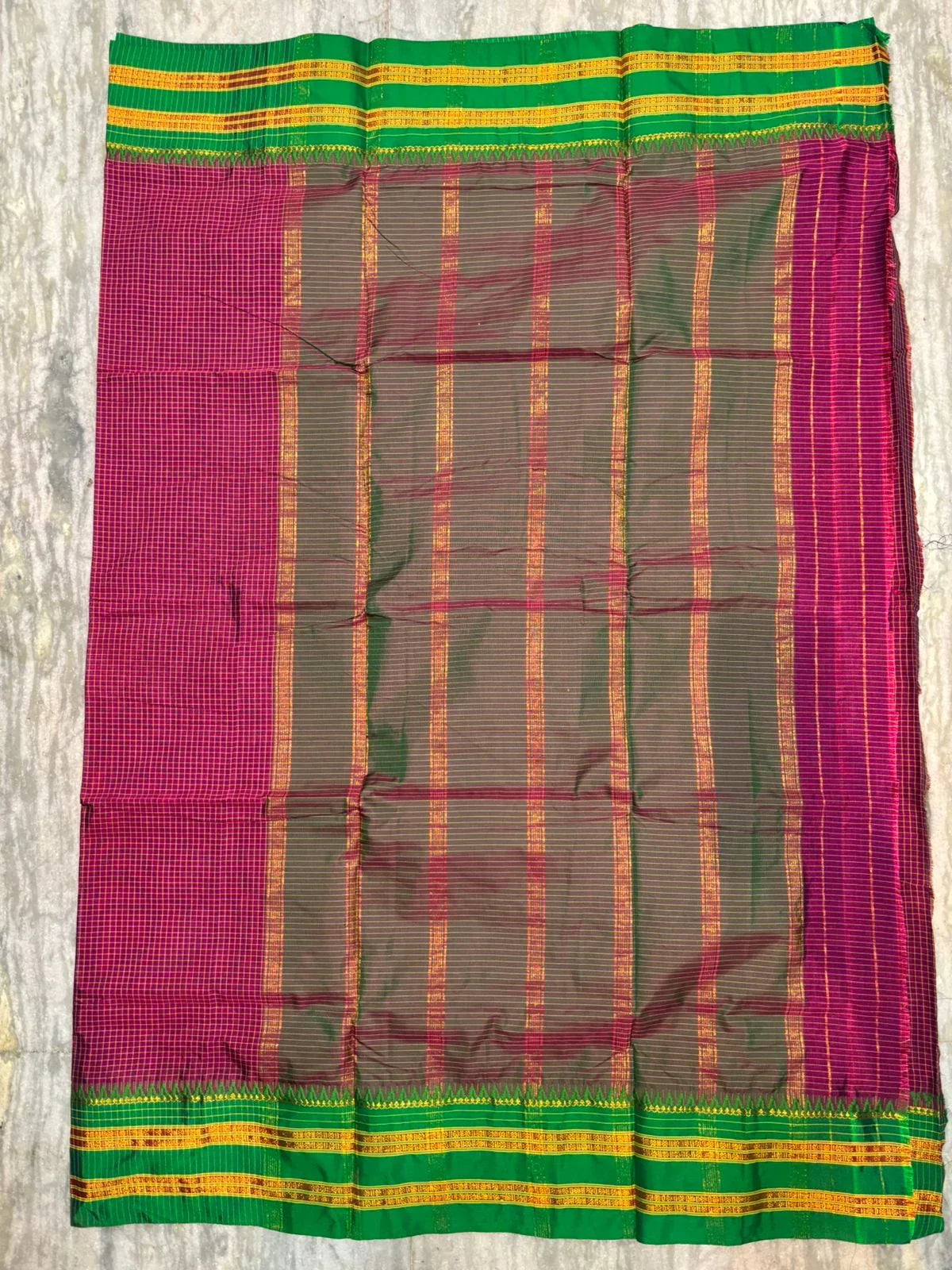 Pure Gadwal Silk Saree with Traditional Zari Checks and Contrast Kuttu Temple Border - pochampallysarees.com
