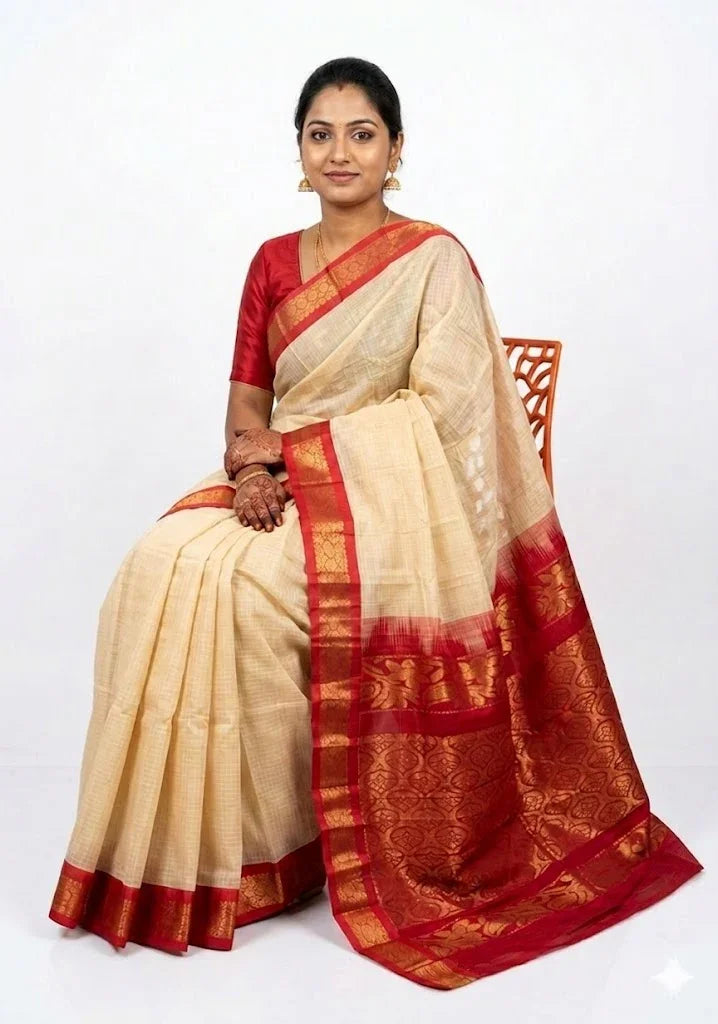 Traditional Cream Art Silk Saree with Rich Red &amp; Gold Zari Border (Saree Only - No Blouse) - pochampallysarees.com