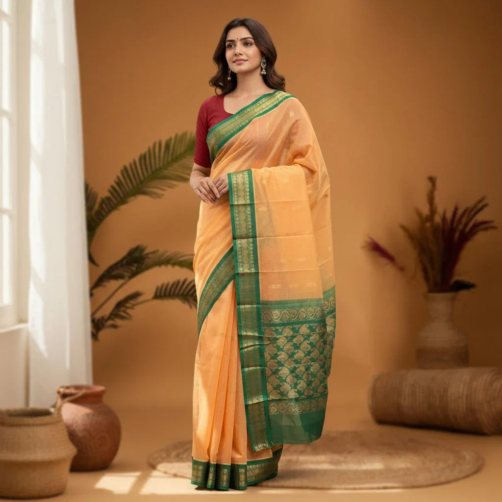 PURE GADWAL COTTON BROWN GREEN SARI - pochampallysarees.com