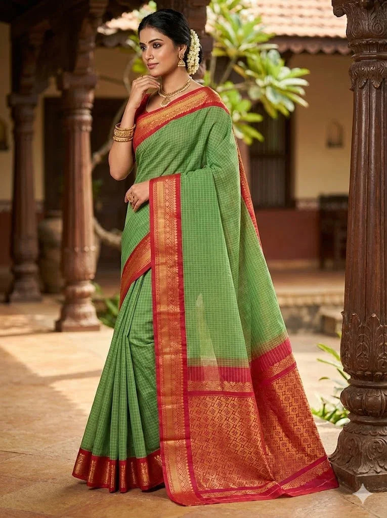 PURE GADWAL COTTON BODY GREEN CHECKS BORDER RED SARI WITHOUT BLOUSE - pochampallysarees.com