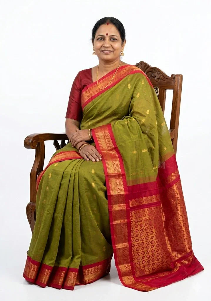 Pure Gadwal Cotton Saree in Olive Green with Rich Red Zari Border (Without Blouse) - pochampallysarees.com