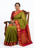 Pure Gadwal Cotton Saree in Olive Green with Rich Red Zari Border (Without Blouse) - pochampallysarees.com