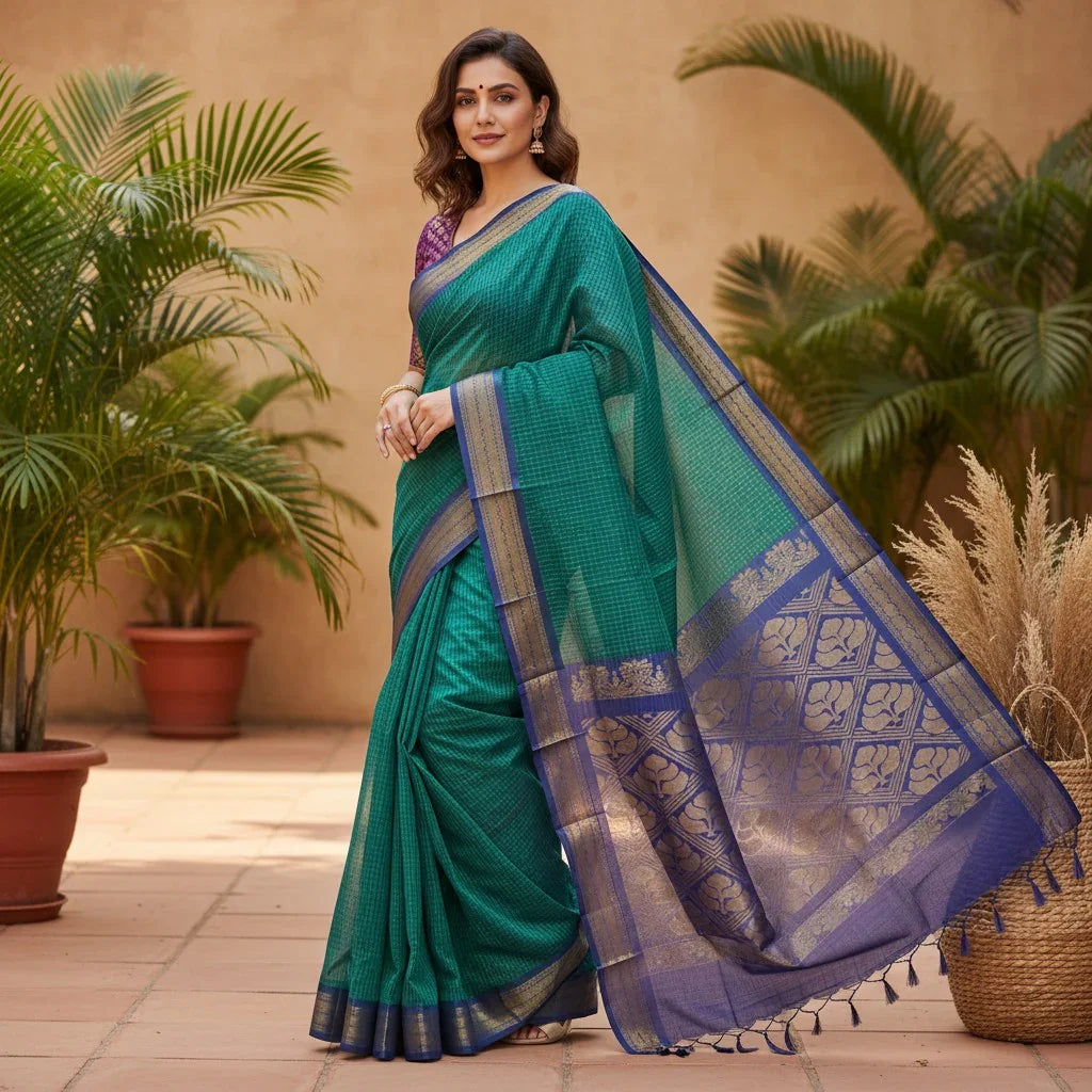 PURE GADWAL COTTON BODY RAMA GREEN CHECKS BORDER BLUE SARI WITHOUT BLOUSE - pochampallysarees.com