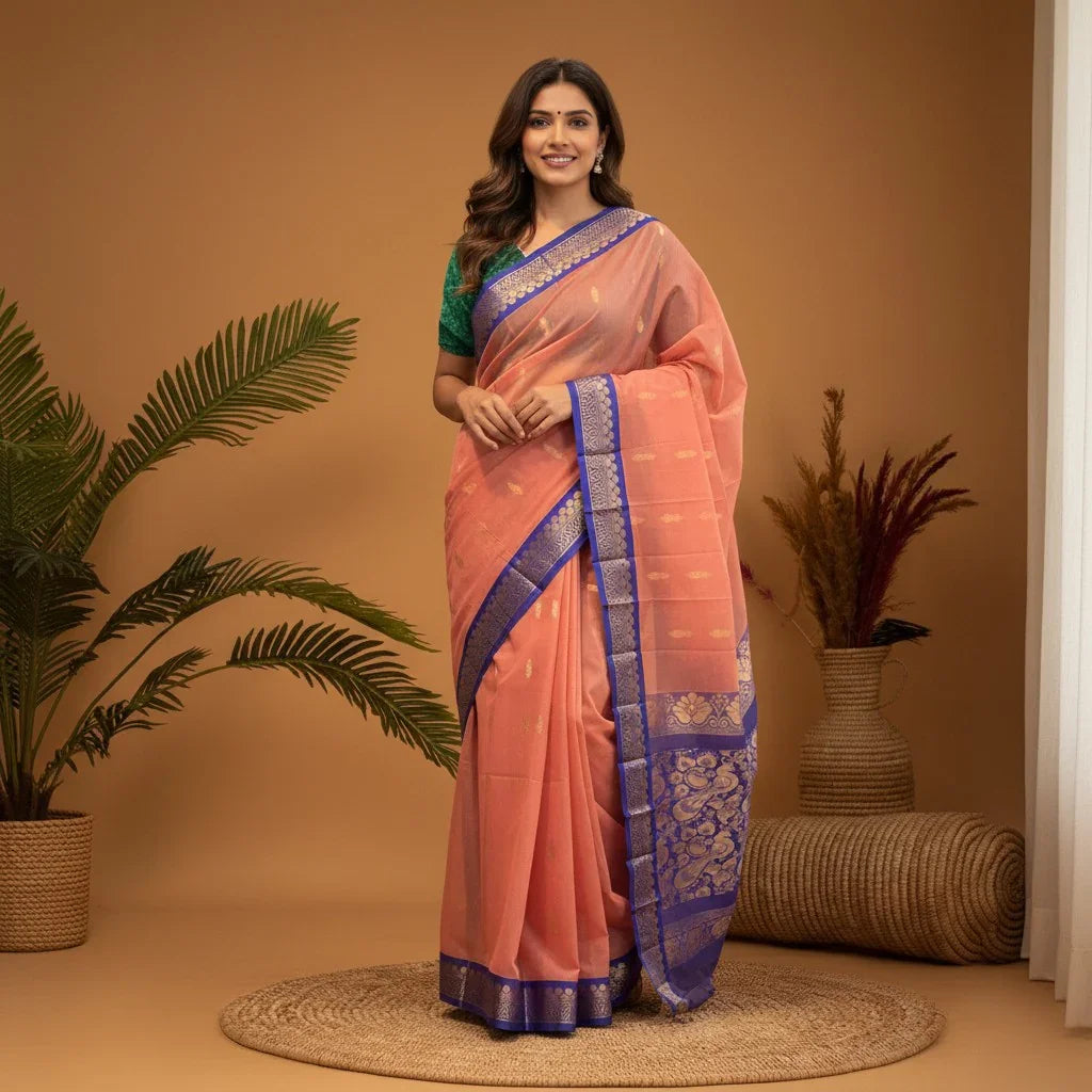 PURE GADWAL COTTON BODY RUST BUTTI BORDER BLUE SARI WITHOUT BLOUSE - pochampallysarees.com