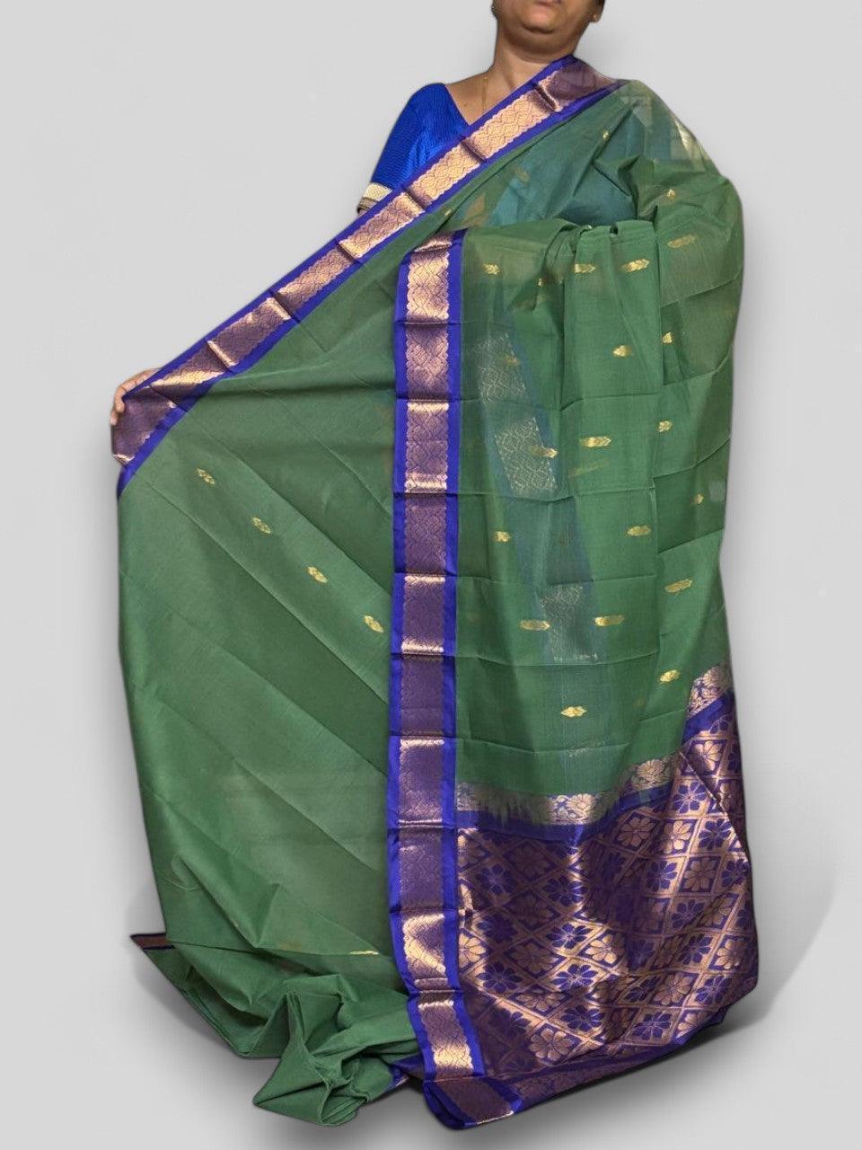 Pure Gadwal Cotton Sari Olive Green Blue