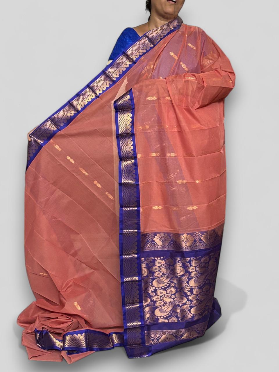 Pure Gadwal Cotton Sari Brwon Blue